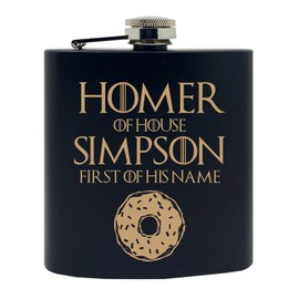 "Homer of House Simpson, First of His Name" Funny TV Donut Design in Gold Custom Printed Stainless Steel Alcohol Hip Flask, 6 Oz. Black