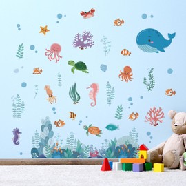 Supzone Under The Sea Wall Decals Ocean Creatures Wall Stickers Dolphin Turtle Ocean Grass Colorful Sea Life Wall Art Sticker for Kids Baby Nursery Bedroom Playroom Bathroom Wall Decor