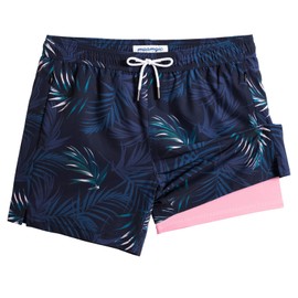 MaaMgic Mens Swim Trunks with Compression Liner 2 in 1 Swimming Shorts Stretch 5.5" Quick Dry Bathing Suits,Pink Leaves Navy,Large