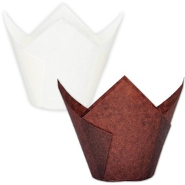 MyBakning (Jumbo Extra Large size) Brown+White Tulip Baking Cups 2-1/4"(Base diameter) x 3-3/4"(Wall height) Greaseproof paper baking cupcake Muffin liners, Case of 130 pcs