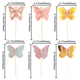 24 piezas de decoración para cupcakes de mariposa, con purpurina, doble capa, hueca, mariposa, 3D, decoración para despedida de soltera, boda, compromiso, baby shower, niños, suministros de fiesta de cumpleaños, color rosa