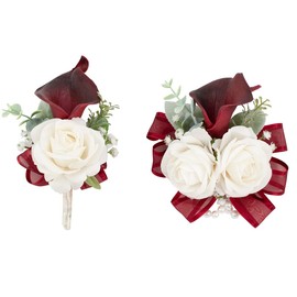 Floinla Burgundy Corsage and Boutonniere Set for Wedding Prom, Artificial Calla Lily Rose Flower Wrist Corsage Bracelets, Homecoming Wristlet, Boutonniere for Men Suit Decorations