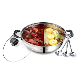 Stainless Steel Divided Hot Pot, Shabu Shabu Chinese Hot Pot Including 3 Spoons, Dual Sided Soup Cookware for Induction Cooktop Gas Stove, 12.6″