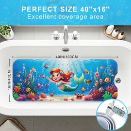 Upgrade Cartoon Baby Bath Mat Non Slip - 40"x16" Extra Long Bathtub Mat for Baby Eco Friendly Durable Bath Mat for Tub Non Slip Kids Tub Mat with Suction Cups, Machine Washable and No Fading, Mermaid