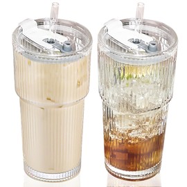 SevvyNaut 20 oz Glass Tumbler with Lid and Straw, 2 Pack Clear Ribbed Iced Coffee Cup, High Borosilicate Glass Tumbler, Reusable Vintage Glassware for Iced Coffee, Smoothies, Cocktails, and Juices