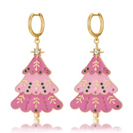 CLASSYZINT Christmas Tree Hoop Earrings Pink Christmas Earrings Holiday Earrings Christmas Earrings for Women