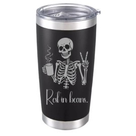 supplymartonline 20oz Rest in Beans Tumbler – Punny Coffee Skull Design Gift for Caffeine Addicts