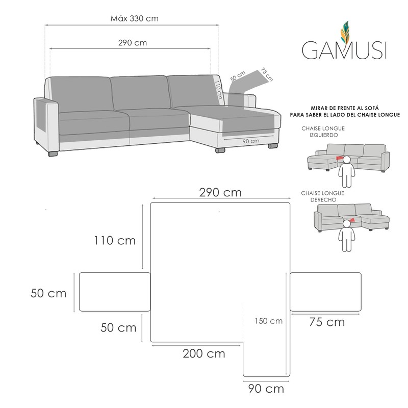 GAMUSI Chaise Lounge Sofa Cover 290cm Right Corner (Up to