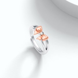 Bow Ring 925 Sterling Silver Pink Gold-Plated Adjustable Women's Ring Gift for Mother Daughter, Sterling Silver, Cubic Zirconia