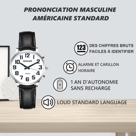 RUNCAR Atomic French Talking Watch for Blind or Visually Impaired or Visually Impaired People with Low Vision, Women's Size, Black, black, Strap.