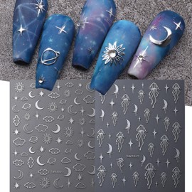 8 Sheets Flame Snake Nail Art Adhesive Sticker 3D Self-Adhesive Nail Decals Art Design Holographic Moon Sun Nail Art Sticker Decoration for Women Manicure Tips Acrylic Nails DIY Nails Art Supplies