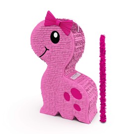 Cute Pink Dinosaur Party Pinata with small stick-17.5”x11”x 5” Perfect for Girls Birthday Dinosaur Theme Parties, Party Decor, Roar T-rex and Jurassic kids theme decorations- by get a pinata