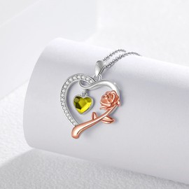 CHENGHONG Women's Rose Necklace 925 Sterling Silver Heart Pendant with 12 Birthstone Gifts for Christmas Mum Daughter, Sterling Silver