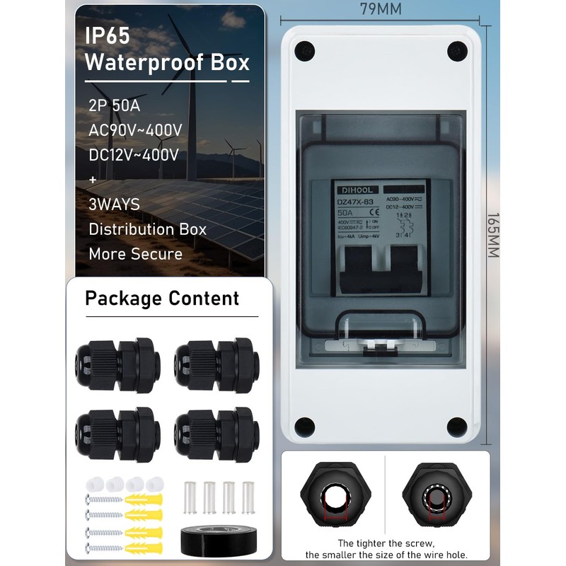 DIHOOL DC Circuit Breaker,DC MCB,Solar Disconnect Switch,50A Isolator(DC12V - DC400V