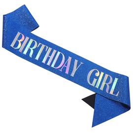 MGJSRNH 'Birthday Girl' Sash with Silver Iridescence Foil - Glitter Satin Blue Sash for Women-Happy Birthday Sash for Sweet 16,18th 21st 25th 30th 40th or Any Other Bday Party Supplies