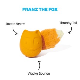 Barkbox BARK Franz The Fox Dog Toy | Natural Rubber, Bacon Scented, Thrashy Tail & Wacky Bounce | Dog Toy for Aggressive Chewers