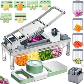 Picador de verduras de acero inoxidable, picador de verduras con 10 cuchillas, cebolla con recipiente, cortador de alimentos y rallador de mandolina