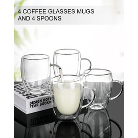 LIBWYS 4 Pack Double Walled Coffee Cups Glasses Mugs 12oz, Espresso Cappuccino Latte Tea Cups with Handle, Heat Resistant Borosilicate Clear Glasses 350ml