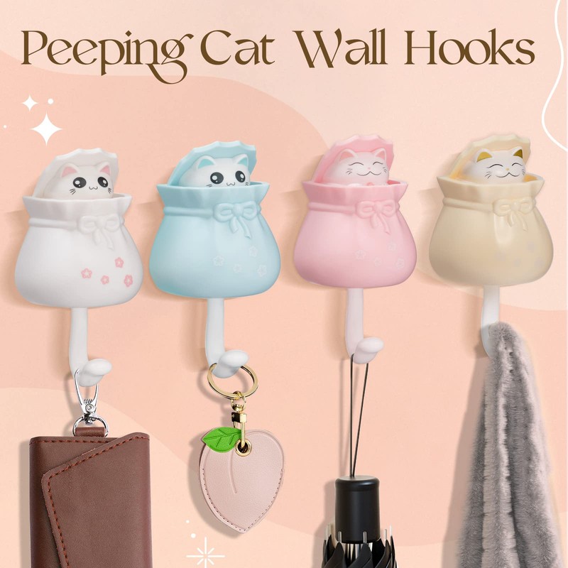 ISKYBOB Set of 4 Peek-A-Boo Cat Wall Hooks Cute Peeping