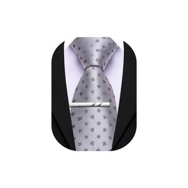 Barry.Wang Silver Poker Silk Ties for Men Fun Necktie and Tie Clip Set for Wedding Party Business Formal Extra Long