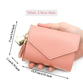 Spldsun Women's Small Purse, Short Format Purse, Tassel Wallet, PU Leather Small Wallet, 7 Card Slots, Triple Folded, for Banknotes, Credit Cards, Bank Cards (Pink), pink, Minimalist