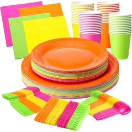 Tioncy 350 Pcs Neon Party Supplies Includes Disposable 9 Inch Paper Plates, 7 Inch Dessert Plates Napkins Cups and 150 Plastic Forks Knives Spoons for Fiesta Birthdays