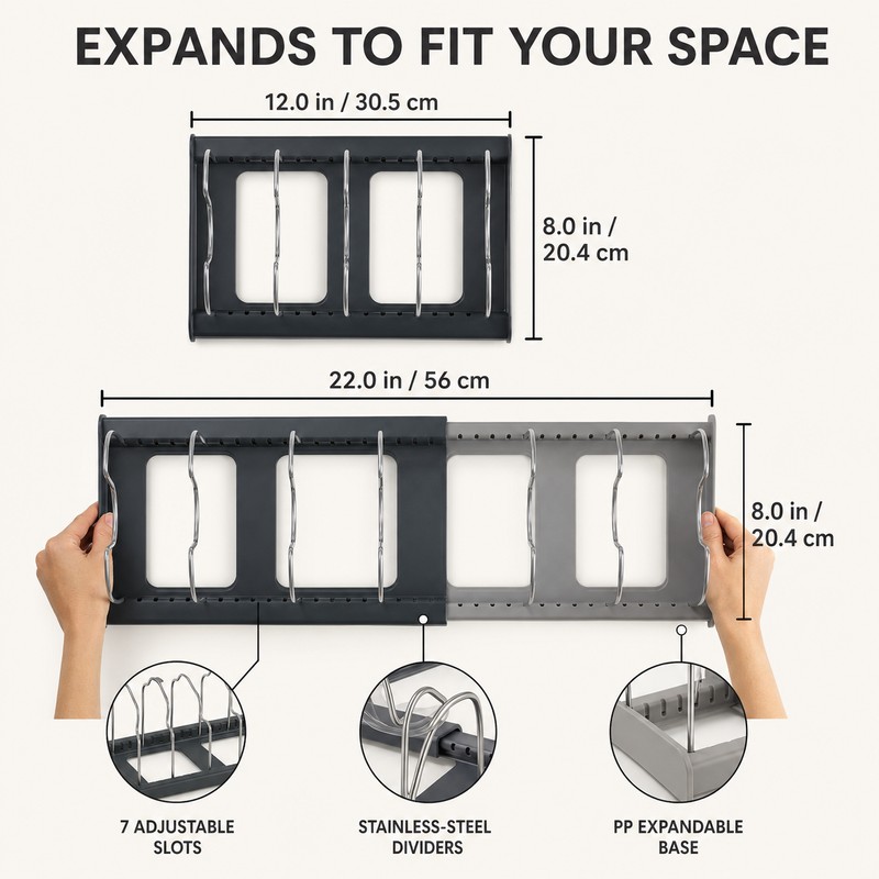 7-Grid Adjustable Pot and Pan Organizer Rack, Expandable Metal Lid