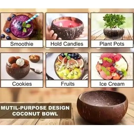 Natural Coconut Serving Bowls Set with Wooden Spoons, 13-15 cm, 4 Bowls and 4 Spoons, Perfect for Smoothies and Buddha Bowls. Hand-Crafted, Vegan-Friendly, Eco-Friendly