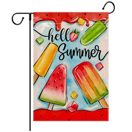 LHSION Hello Summer Ice-cream Garden Flag 12.5 x 18 Inch Watermelon Decorative Double Sided Burlap Flag For Farmhouse Yard Outdoor Seasonal Decoration