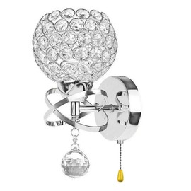 Ygapuzi Modern Crystal Wall Light Flush Mount Wall Sconces Lamp Chrome Finish Bedside Lighting Fixture with E14 Socket, for Living Room Bathroom Bedroom and Hallway (Pull Switch)