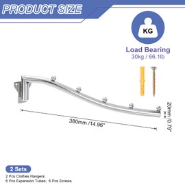 uxcell 2 Pcs 14.96x0.79 Inch Wall Mount Clothes Hanger, Foldable Clothes Drying Rack, Laundry Hanger Dryer Rack Coat Hook for Bedroom Bathroom Wardrobe, Silver