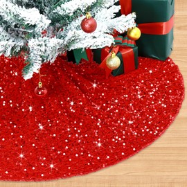 FCSJOST Red Christmas Tree Skirt Glitter Sequin Tree Skirt 36 Inch Red Christmas Tree Decorations Sparkly Tree Skirt Collar Luxury Velvet Tree Skirts for Xmas Tree Holiday Decorations