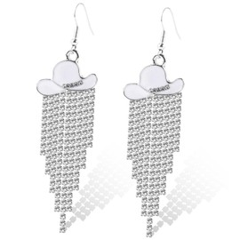 Mikovivi Western Cowboy Hat Earrings for Women, Western Cowgirl White Enamel Hat Shiny Rhinestone Tassel Dangle Drop Earrings Country Concert Denim Clothing Accessory for Women Jewelry Gifts