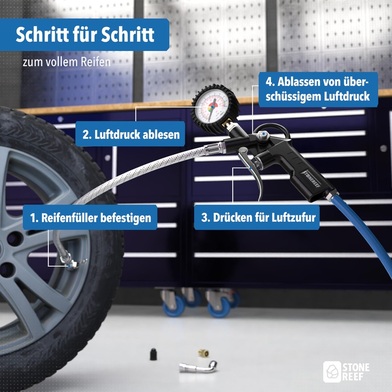 Tyre Inflator with Pressure Gauge [Includes Adapter & Replacement Caps]