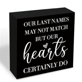 Warm Home Decor Sign Our Last Names May Not Match But Our Hearts Certainly Do Solid Wooden Plaque For Living Room Shelf Desk Table Farmhouse Decor Warm Family Atmosphere Sign 5.1x5.1 Inch