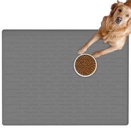 Extra Large Pet Food Mat for Dogs, 32''x24'' Waterproof Dog Feeding Mat, Non-Slip Silicone Dog Bowl Mat for Floors, Easy Clean Pet Water Mat Tray (Light Gray)