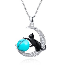 TwoAnts Black Cat Necklace 925 Sterling Silver Crescent Moon Cat Pendant Necklace with Nature Turquoise Cute Animal Necklace Cat Jewelry Gifts for Women Cat Lovers