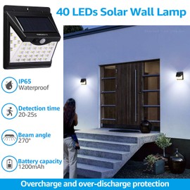 TORCHSTAR 8-Pack 40 LED Solar Lights Outdoor, Waterproof Solar Motion Sensor Light, Cordless Security Lighting for Driveway, Patio, Garage, Porch, 6500K Pure White, Black