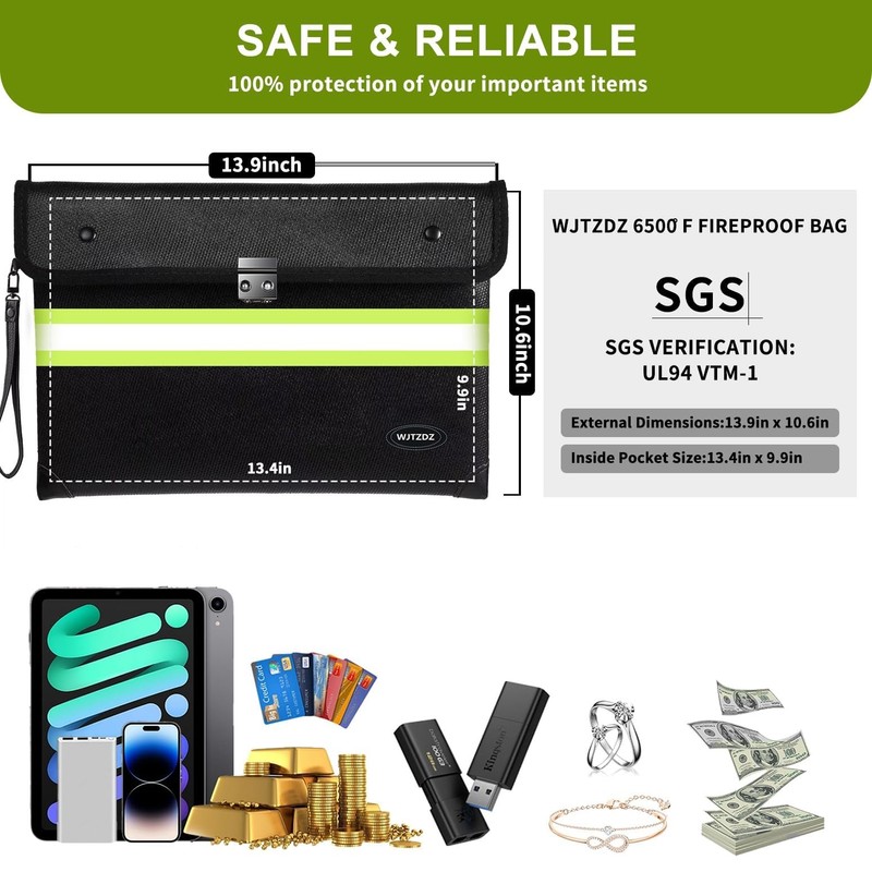 6500°F Fireproof Document Bag with Lock,2025 Upgraded Fireproof/Waterproof Money Bag