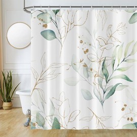 Uiiooazy Eucalyptus Shower Curtain, Green Gold Leaves, Textile Shower Curtain, Anti-Mould, Waterproof, Polyester Fabric, Washable, Opaque, Bathroom Curtain with 12 Hooks, 240 W x 180 L cm