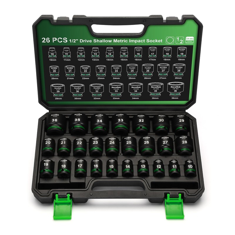 TecoTek 26 Pieces 1/2-Inch Drive Shallow 12-Point Metric Impact Socket