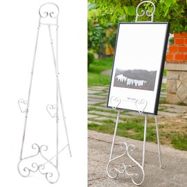 Extra Large Free Standing Adjustable Display Stand Easel with Chain Support, White Decorative Metal Foldable Floor Standing Easel for Display Mirror Wedding Welcome Signs, 16.3" x 19.3" x 56"