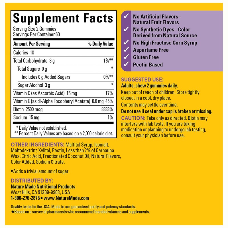 Nature Made Zero Sugar Hair Skin Nails Gummies, Biotin 2500