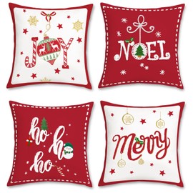 Bonhause Red Christmas Cushion Covers 45 x 45 cm Xmas Hoho Joy Decorative Throw Pillow Covers Soft Velvet Pillowcases for Sofa Bed Home Xmas Holiday Decor Set of 4