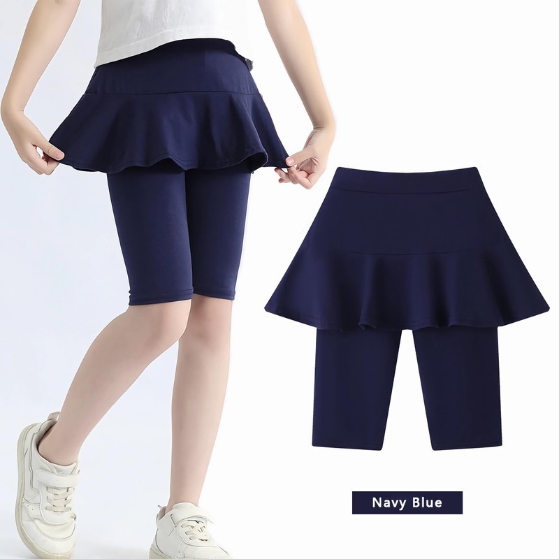 Coralup Girls' Knee Length Shorts with Skirt Capri Leggings,Navy Blue,6-7Y