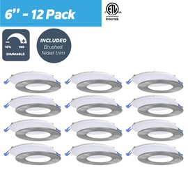 Nadair, 6’’ LED Recessed Ultra Slim Lights, 12-Pack, IC Rated, Dimmable, 12W=90W, 1000 Lumens, 3000K (Warm White), Large Junction Box, Quick Connect System, White Finish, Brushed Nickel Trim Included