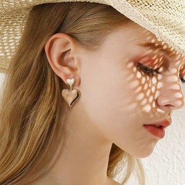 JeanBeau Big Chunky Gold Double Heart Dangle Drop Stud Earrings for Women, Valentine Trendy Statement Love Lightweight Hollow Dangling Earing Wedding Prom Jewelry Gift.