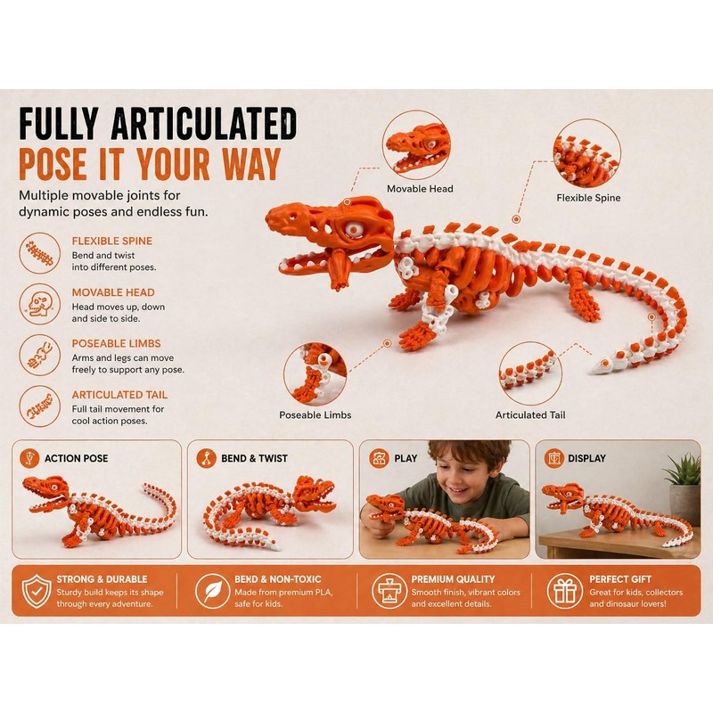 critigulf Articulated Mosasaurus Skeleton Model, 3D Printed Poseable Dinosaur Figure