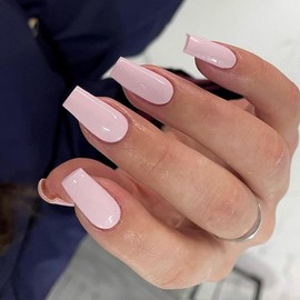 SXVME Pastel Pink False Nails Long Square, Acrylic Press on Nails Long Medium Coffin, Glossy Gel Fake Nails Press on, Solid Color Square Tip Nails Stick on Nails For Women Daily Wear, 24 Pcs