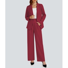 Casly Lamiit Womens Sets 2 Piece Outfits Business Casual Pantsuit Notched Collar Blazer Jacket Palazzo Pants Matching Set Dressy Wedding Spring Clothing Wine Red XL